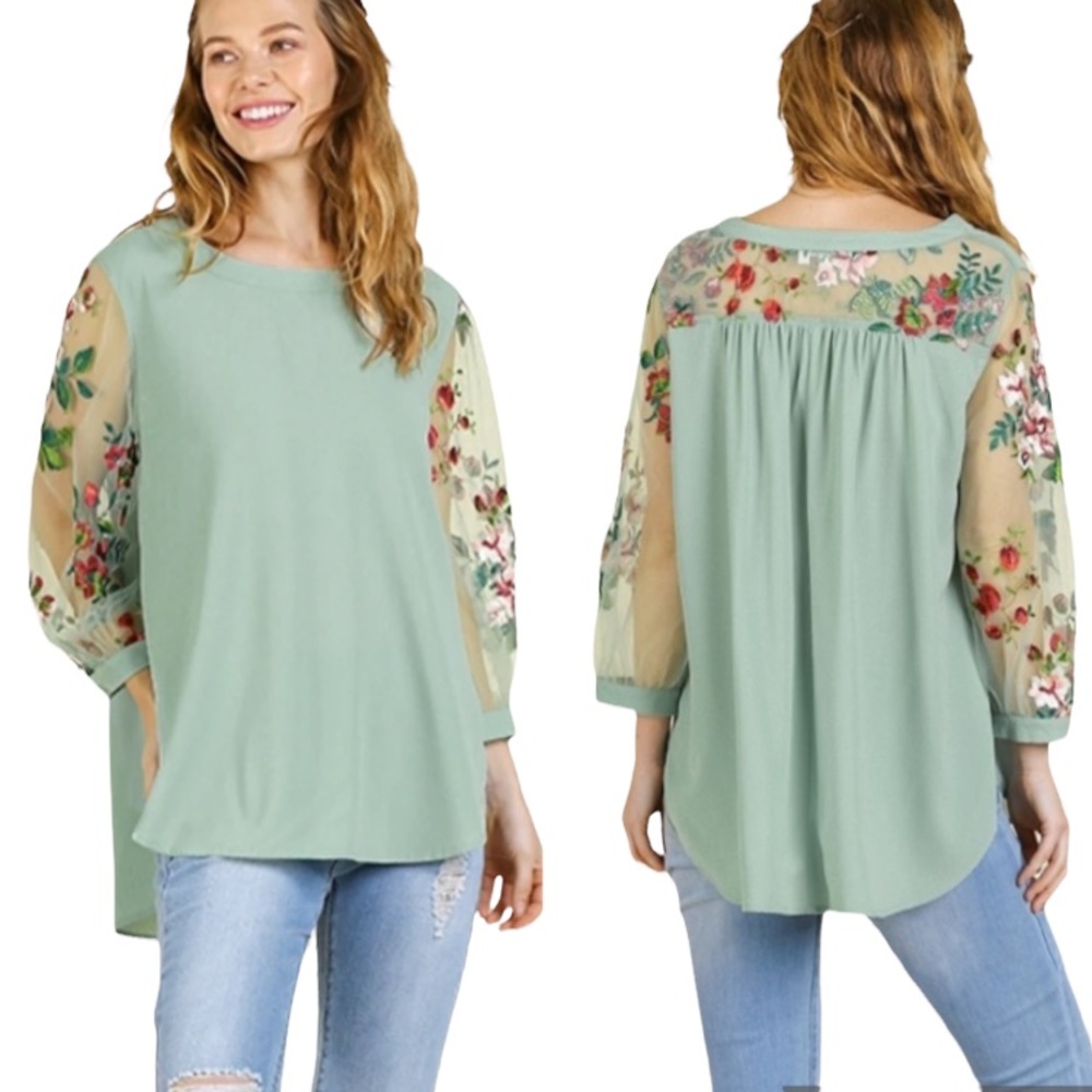Umgee Embroidered Floral Semi-sheer Mesh  Sleeve Top in Dusty Mint - S